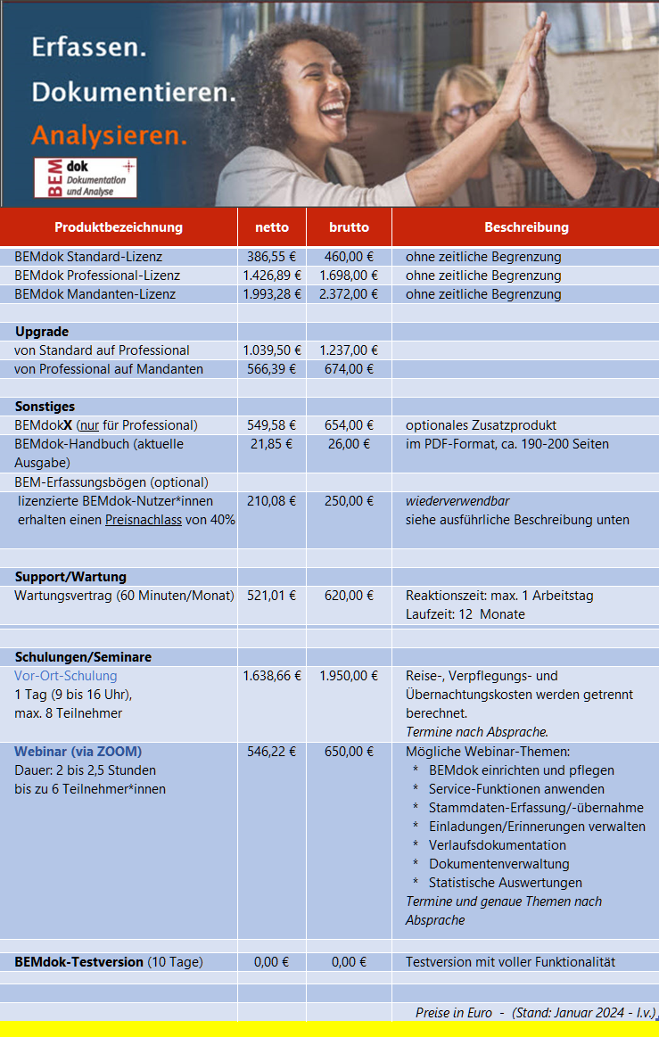 BEMdok-Preisliste (Stand: Januar 2024) BEMdok-Preisliste