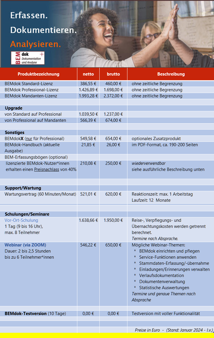 BEMdok-Preisliste